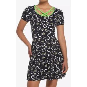 Hot Topic Beetlejuice Sandworm Skater Dress Neon Green Straps Sz SM Short Sleeve